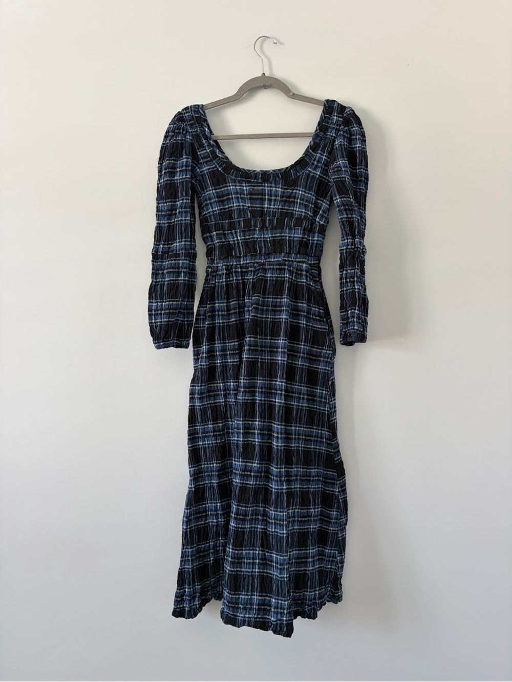 Plaid Midi Dress with Burgundy Tie Detail - Blue - Picture 7 of 11
